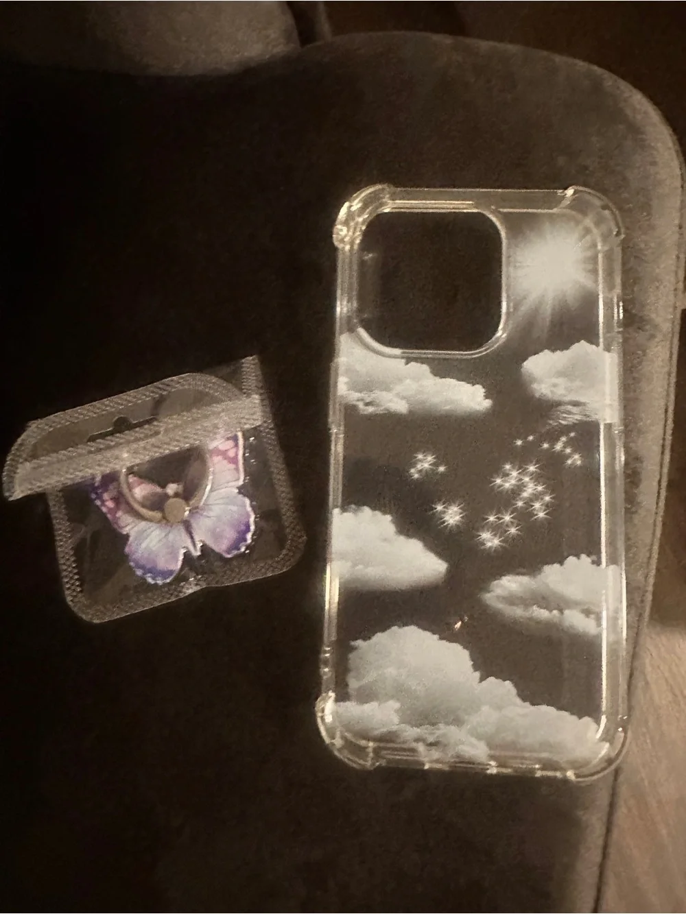 Clear Cloud Pattern iPhone 14 pro Case with Purple Butterfly Ring Holder